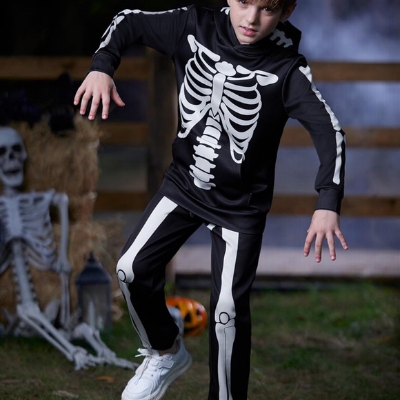 Halloween BesserBay Outfit Kids Skeleton Hoodie/Pants 2 PC Set Pockets Size 12 - Picture 8 of 9